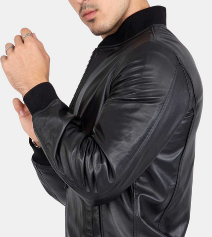 Amoret Black Bomber Leather Jacket For Men's