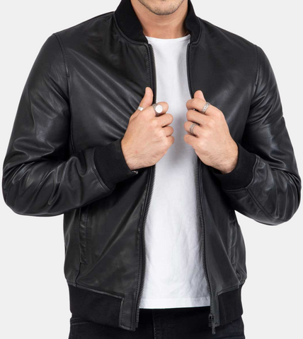 Amoret Men's Black Bomber Leather Jacket