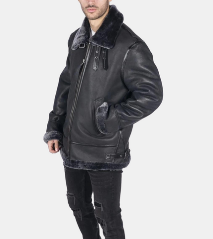  Ciel Black Shearling Leather Jacket For Men's 