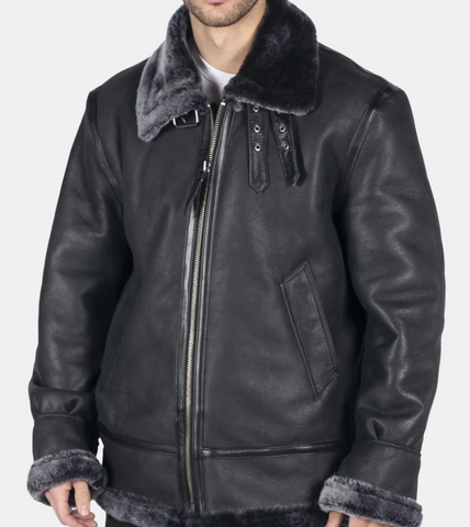  Ciel Men's Black Shearling Leather Jacket Zippered