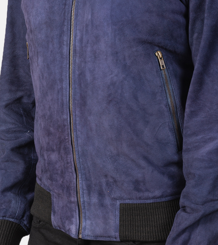 Clyde Men's Cerulean Suede Bomber Leather Jacket Pocket