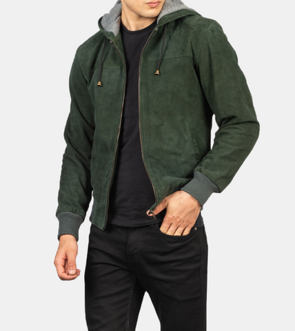  Hooded Green Suede Leather Jacket 