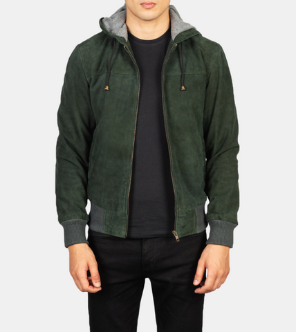  Zefiro Men's Hooded Green Suede Leather Jacket 