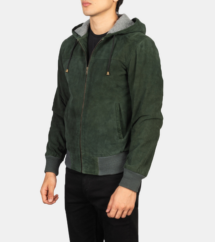  Zefiro Hooded Green Suede Leather Jacket For Men's 