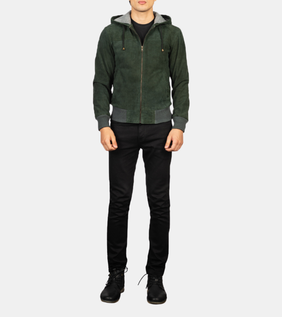 Men's Hooded Green Suede Leather Jacket 