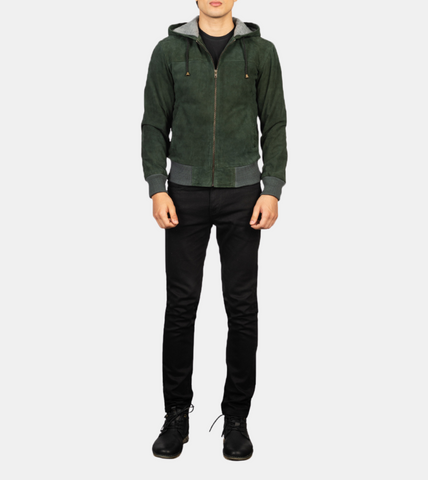 Men's Hooded Green Suede Leather Jacket 