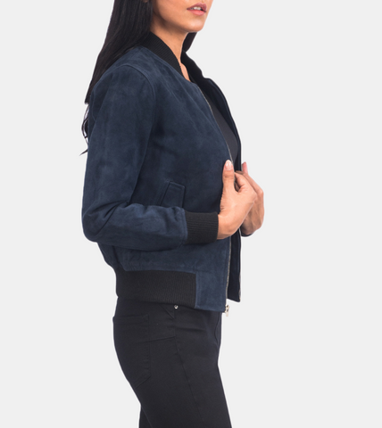Kinthrin Sapphire Bomber Suede Leather Jacket For Women's