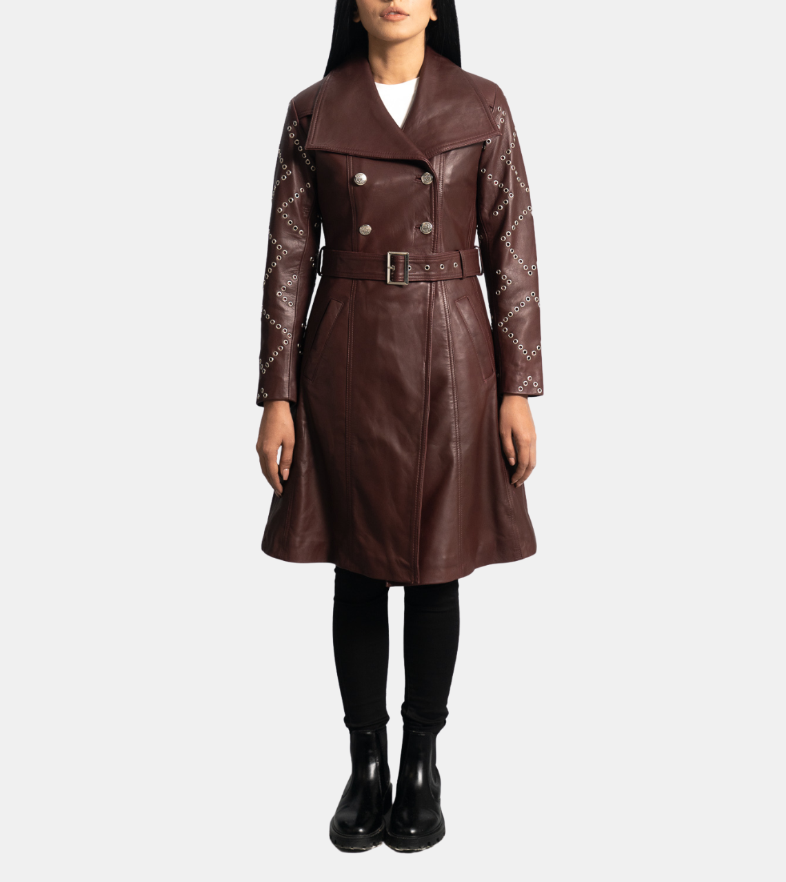  Women's Brown Leather Trench Coat 