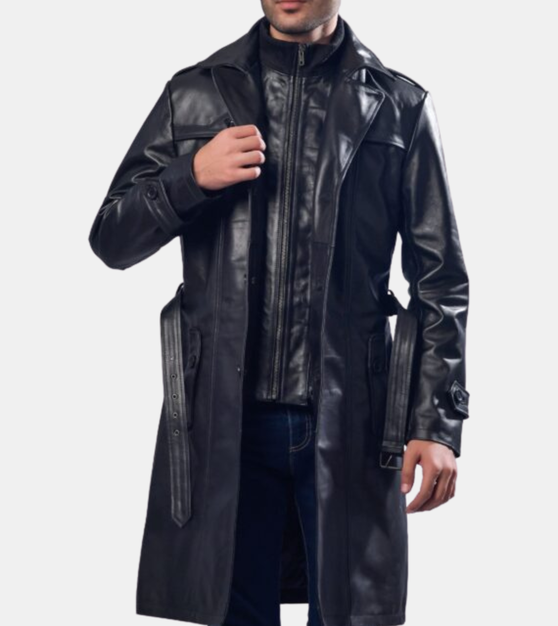  Men's Black Leather Trench Coat