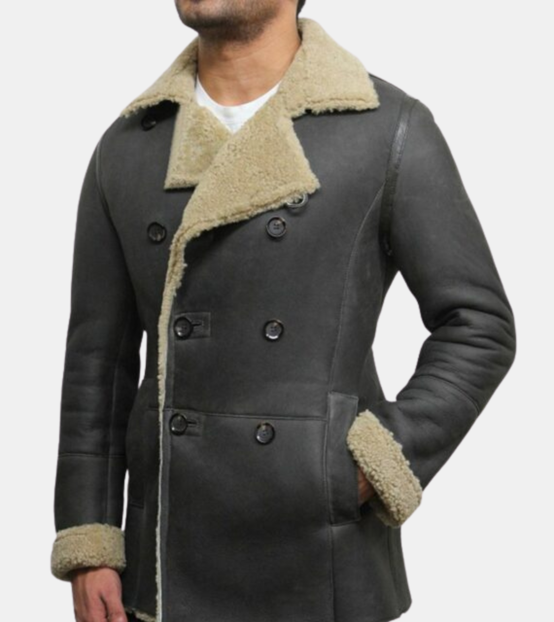 Men's Grey Shearling Leather Coat