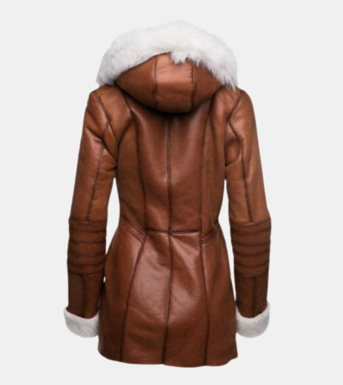 Myrtle Women's Tan Brown Hooded Shearling Leather Coat Back