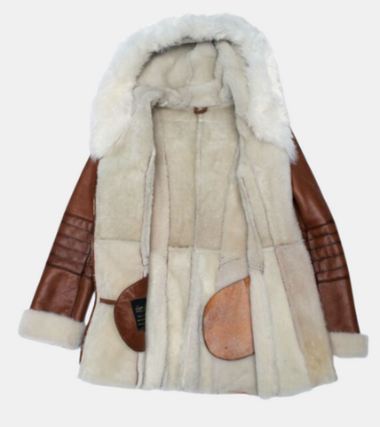 Myrtle Tan Brown Hooded Shearling Leather Coat For Women's
