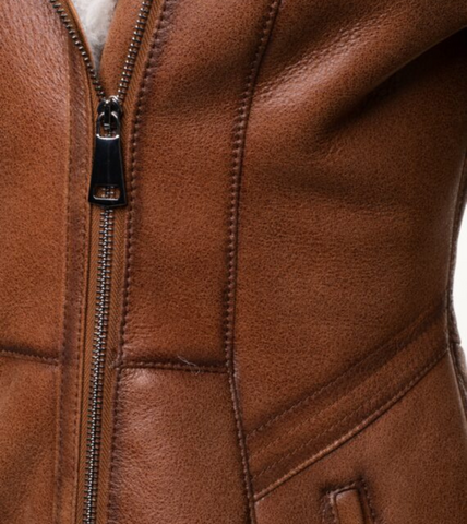 Women's Tan Brown Hooded Shearling Leather Coat
