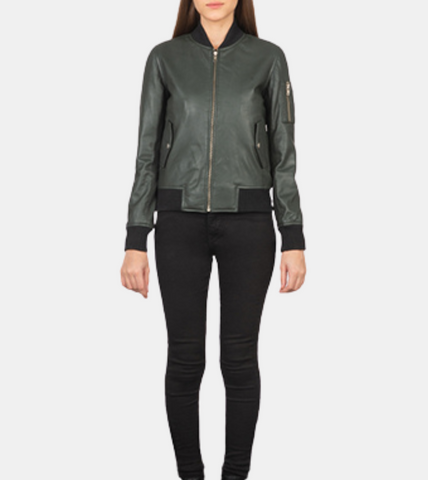  Women's Green Bomber Leather Jacket