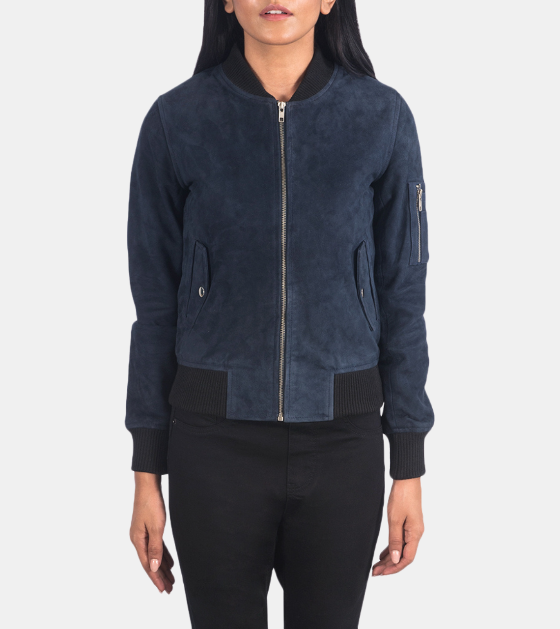 Anoura Women's Blue Suede Bomber Leather Jacket
