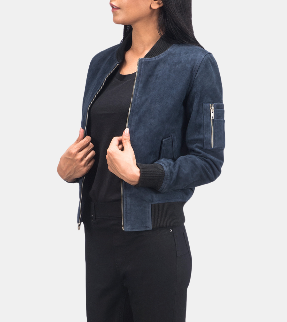 Anoura Blue Suede Bomber Leather Jacket For Women's