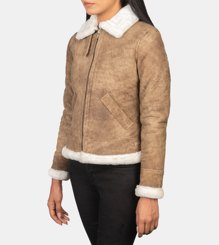 Dalbin Women's Distressed Beige Shearling Leather Jacket