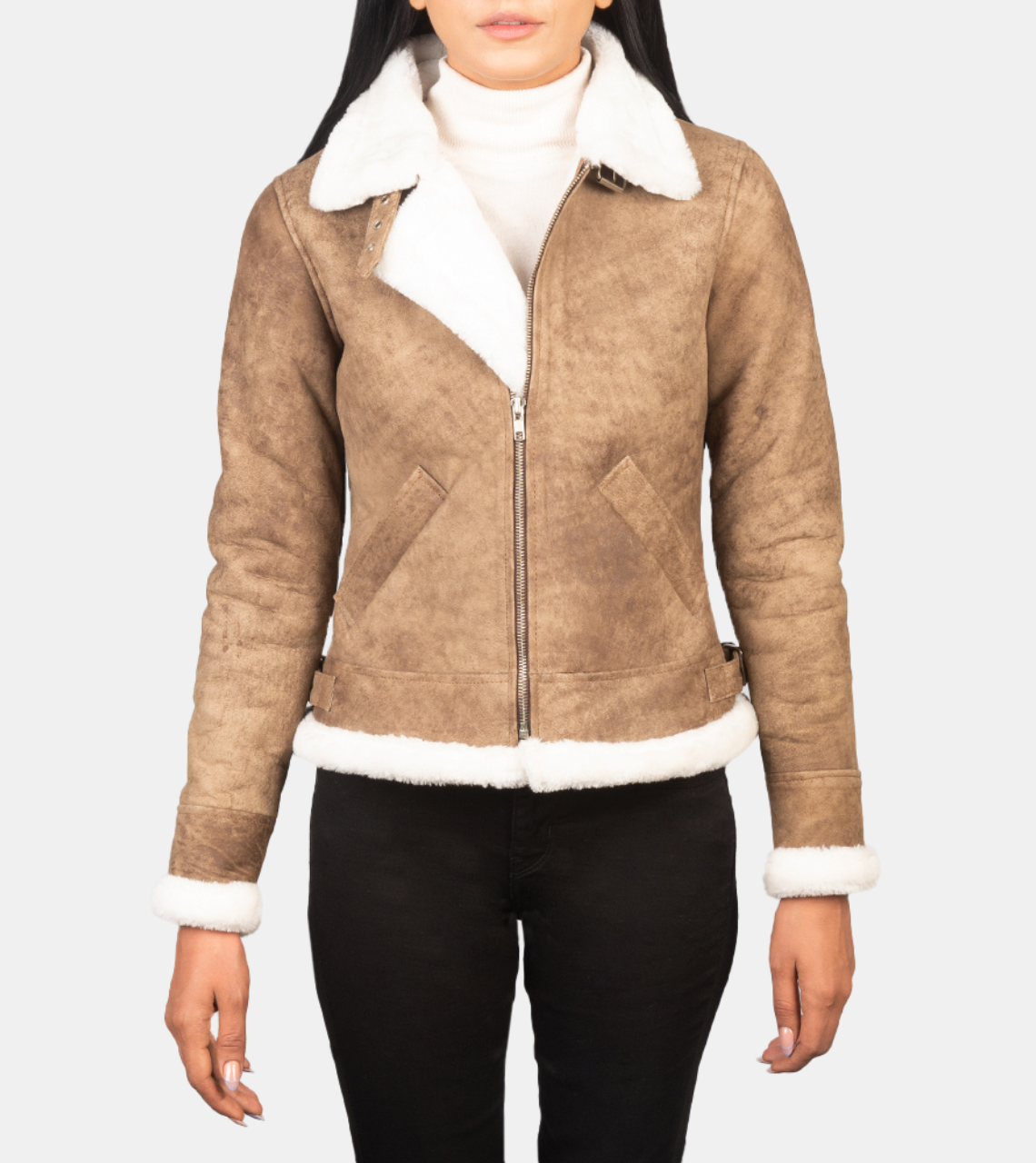 Dalbin Women's Distressed Beige Shearling Leather Jacket