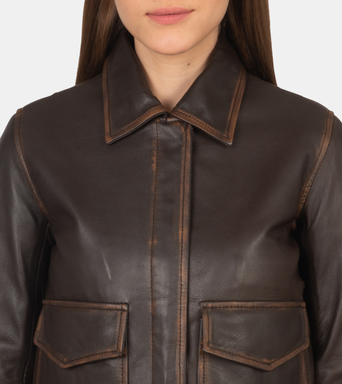 Denzel Women's Brown Distressed Bomber Leather Jacket Collar