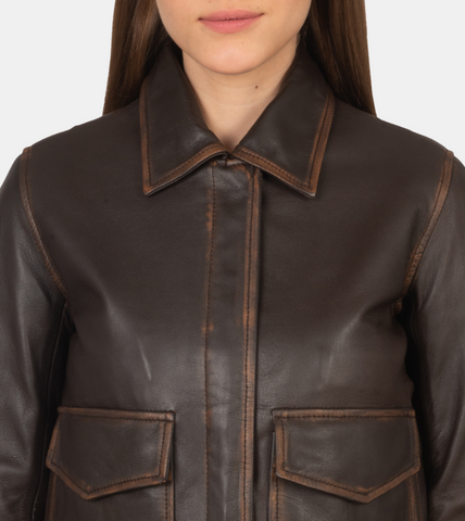 Denzel Women's Brown Distressed Bomber Leather Jacket Collar
