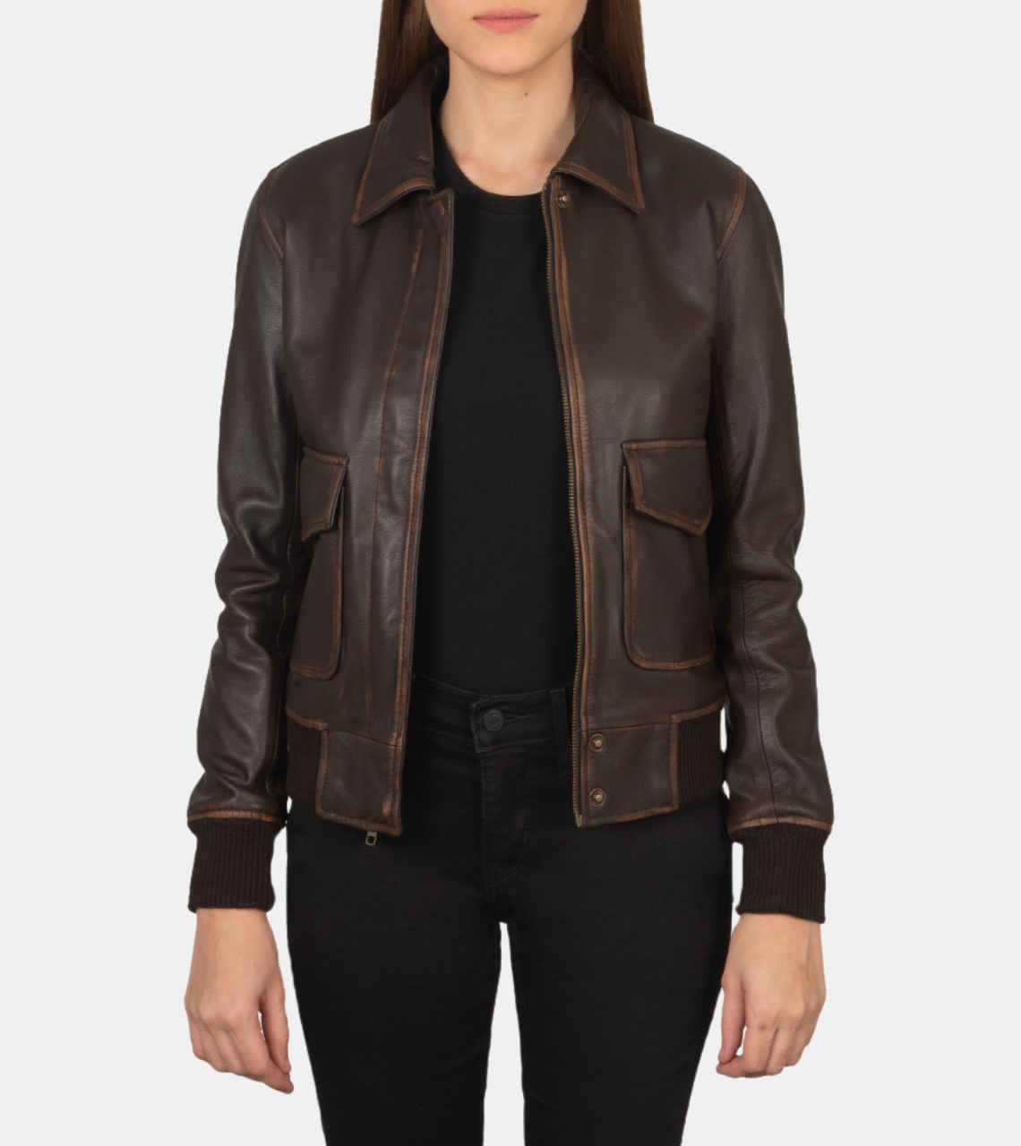 Denzel Women's Brown Distressed Bomber Leather Jacket