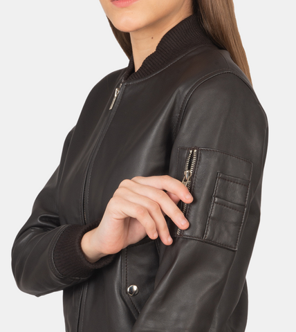 Kylen Women's Brown Bomber Leather Jacket Shoulder