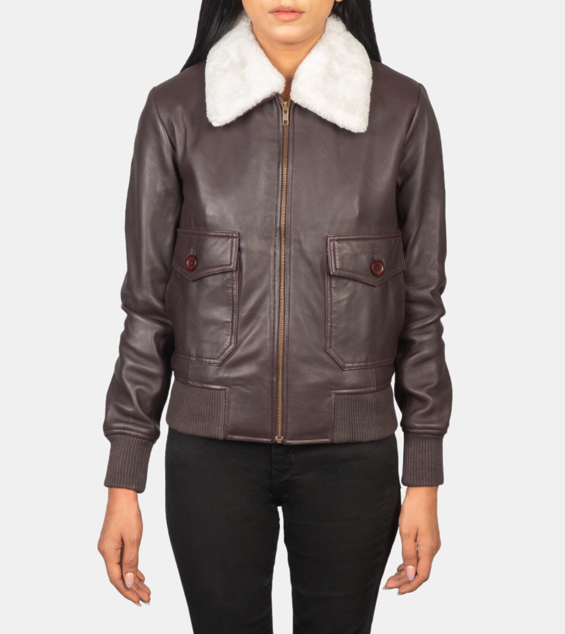  Auedriel Women's Brown Bomber Shearling Leather Jacket 