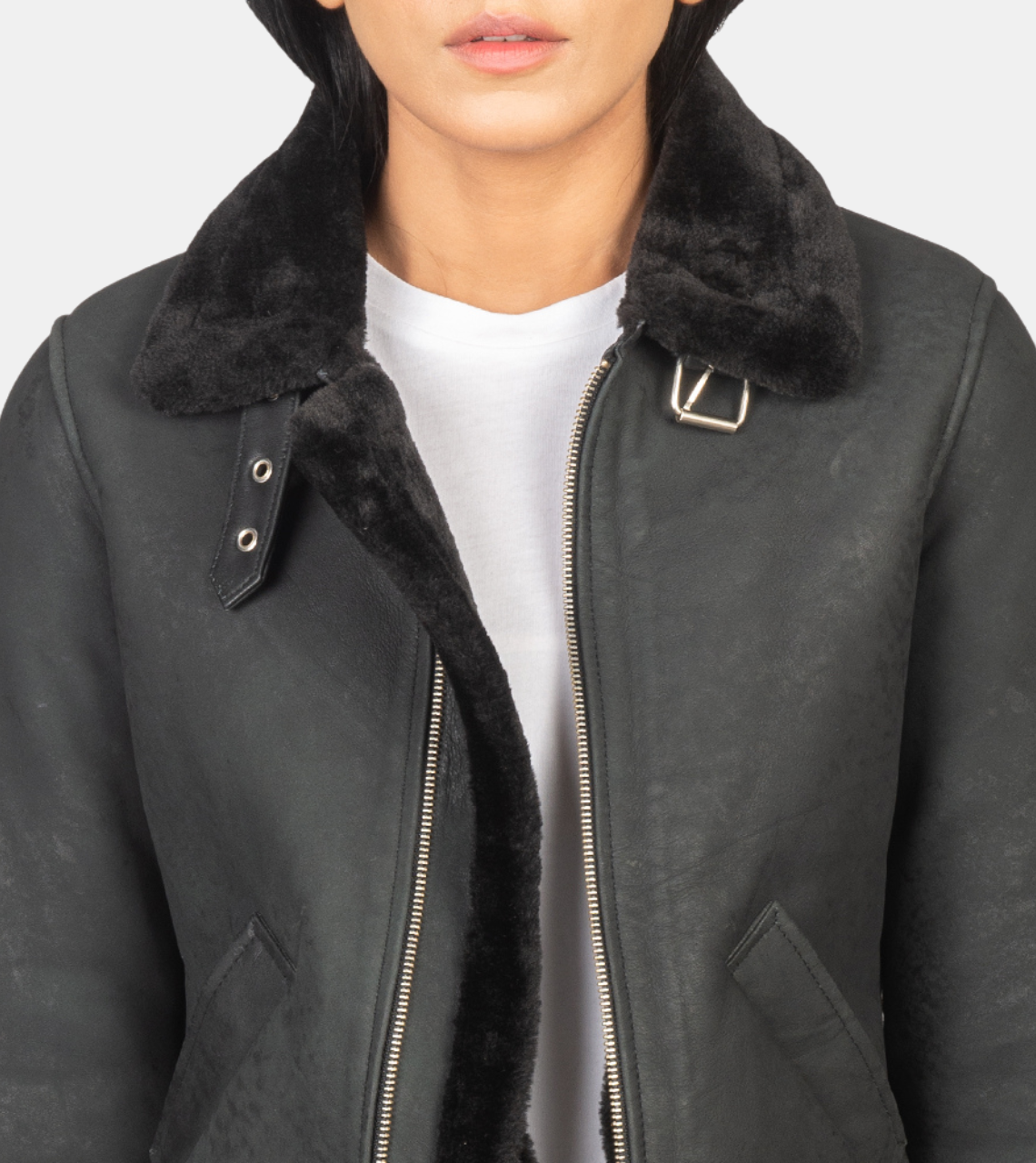 Maisiel Black Bomber Shearling Leather Jacket For Women's