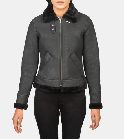 Maisiel Women's Black Bomber Shearling Leather Jacket