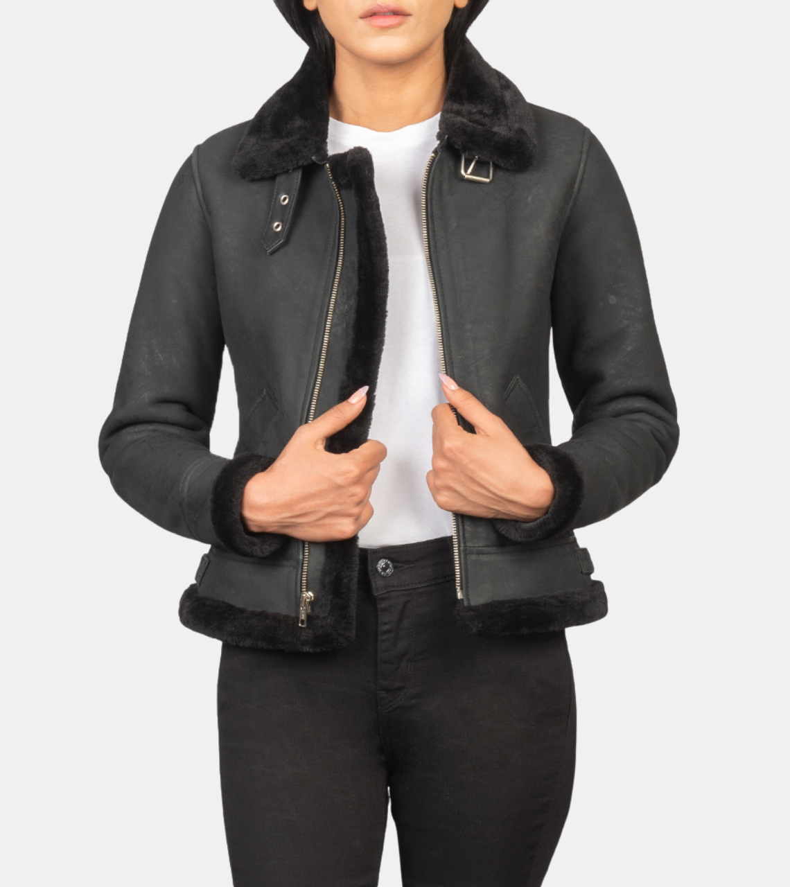  Black Bomber Shearling Leather Jacket