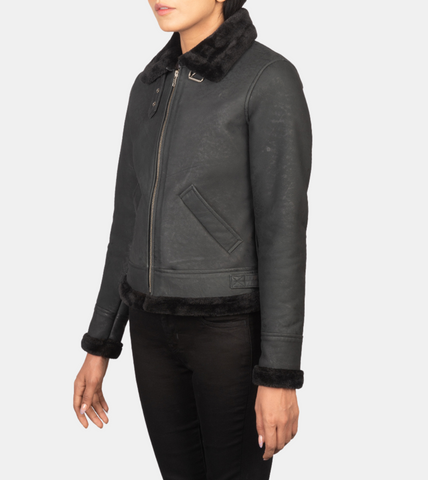 Women's Black Bomber Shearling Leather Jacket