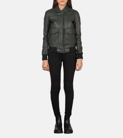 Women's Green Bomber Leather Jacket