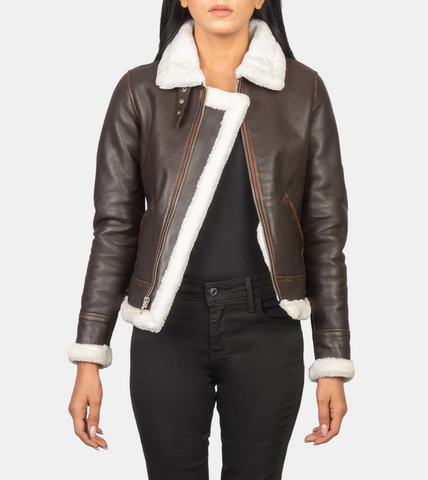 Women's Brown Bomber Shearling Leather Jacket 