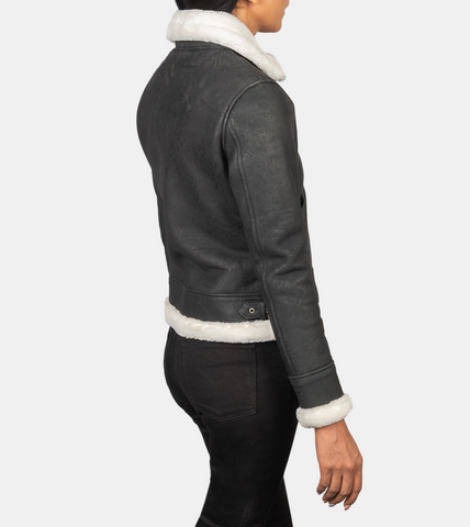 Maisiel Women's Grey Bomber Shearling Leather Jacket Back