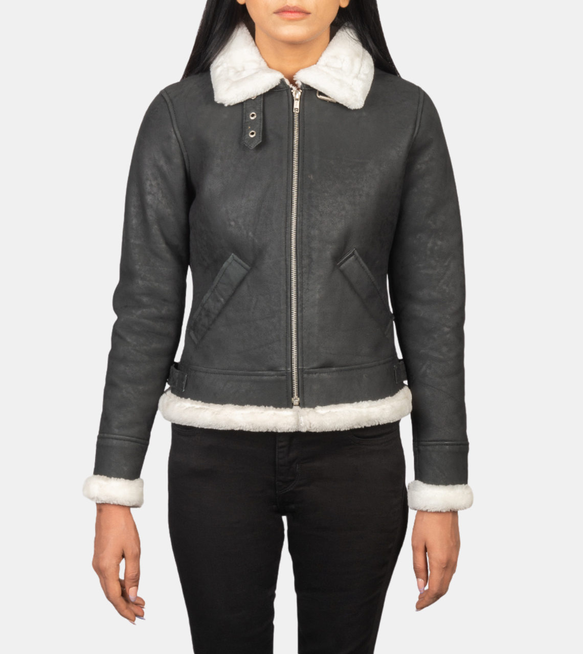 Maisiel Women's Grey Bomber Shearling Leather Jacket