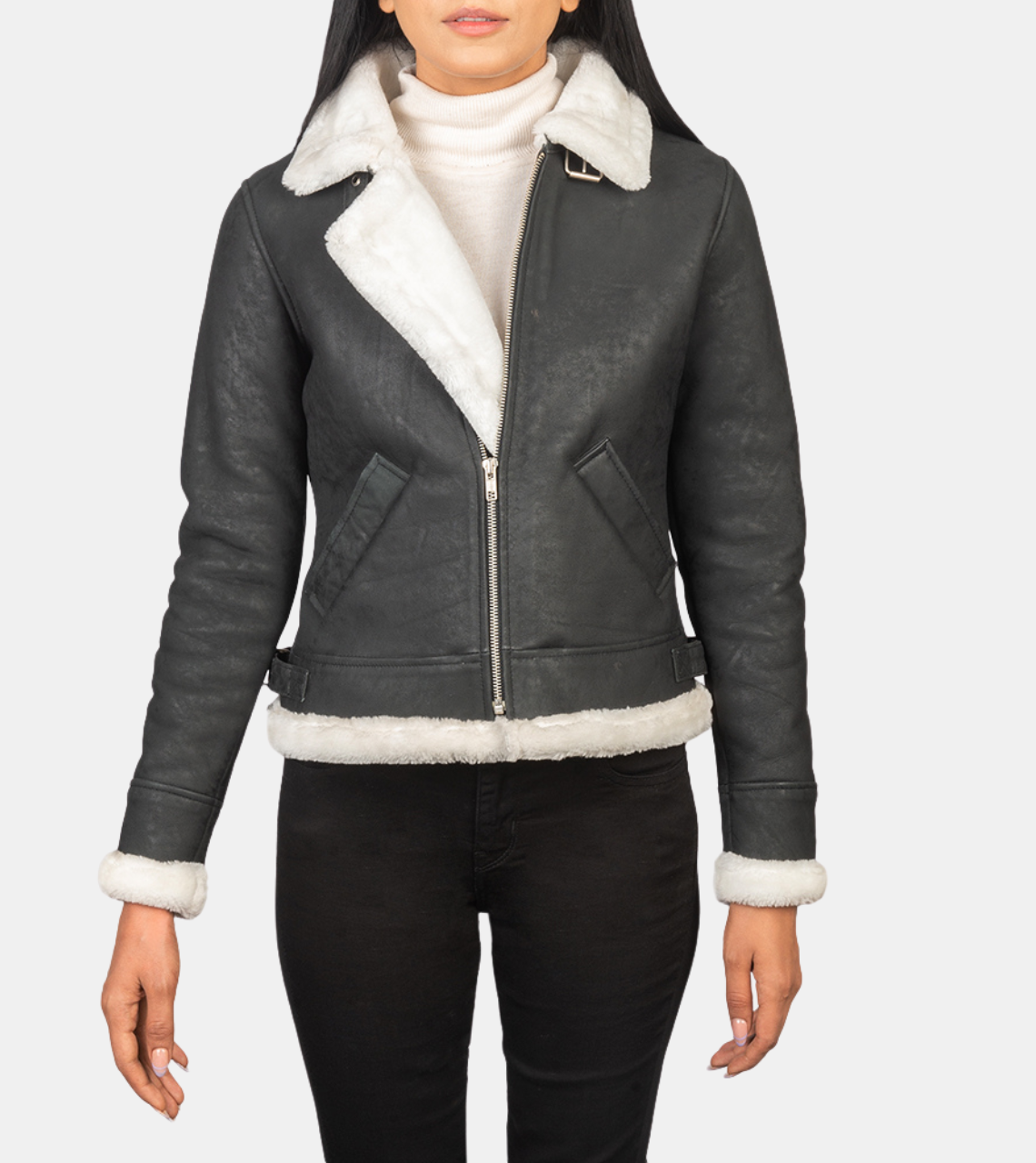 Women's Grey Bomber Shearling Leather Jacket