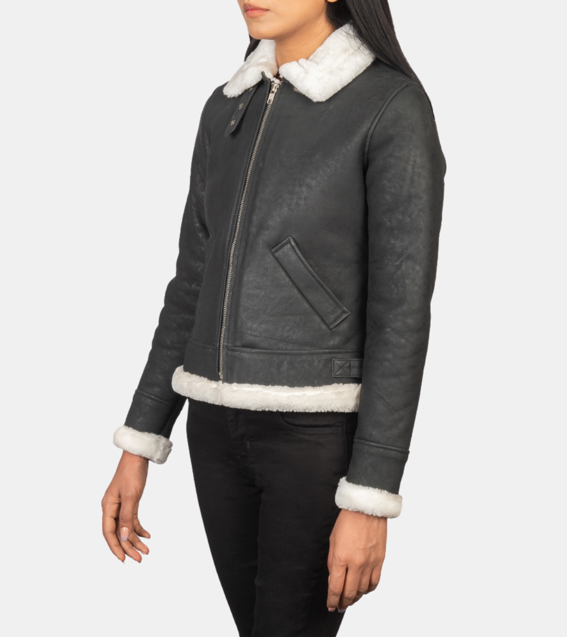 Maisiel Grey Bomber Shearling Leather Jacket For Women's