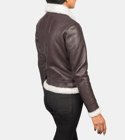 Maisiel Women's Tan Brown Bomber Shearling Leather Jacket Back