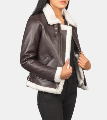 Maisiel Tan Brown Bomber Shearling Leather Jacket For Women's