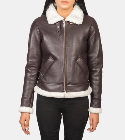 Maisiel Women's Tan Brown Bomber Shearling Leather Jacket
