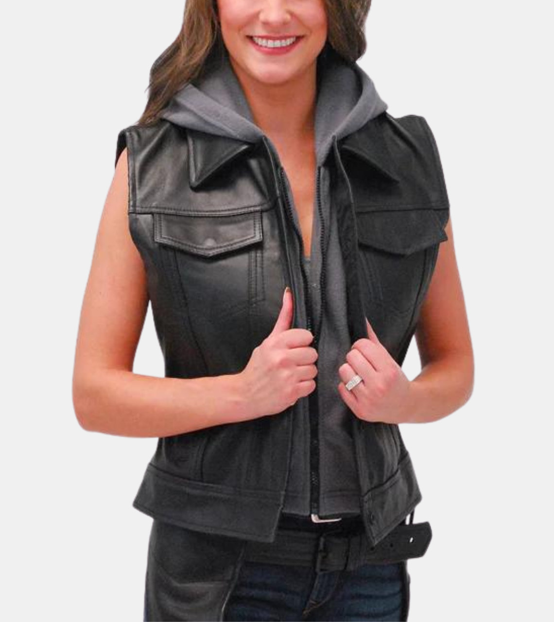 Prescott Women's Black Hooded Leather Vest