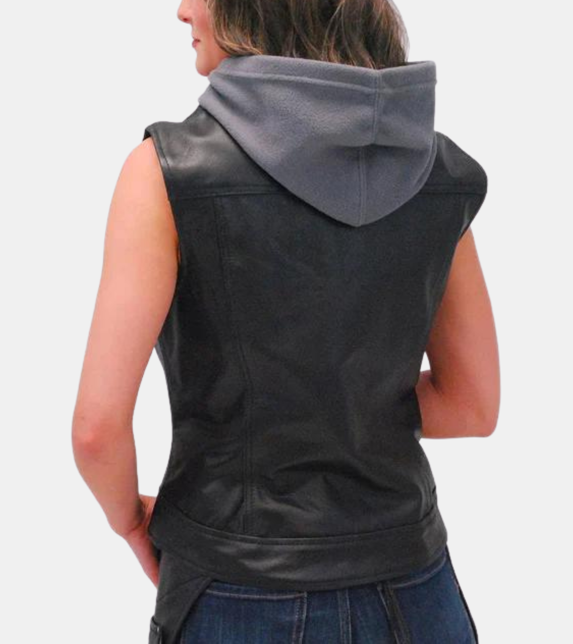 Women's Black Hooded Leather Vest