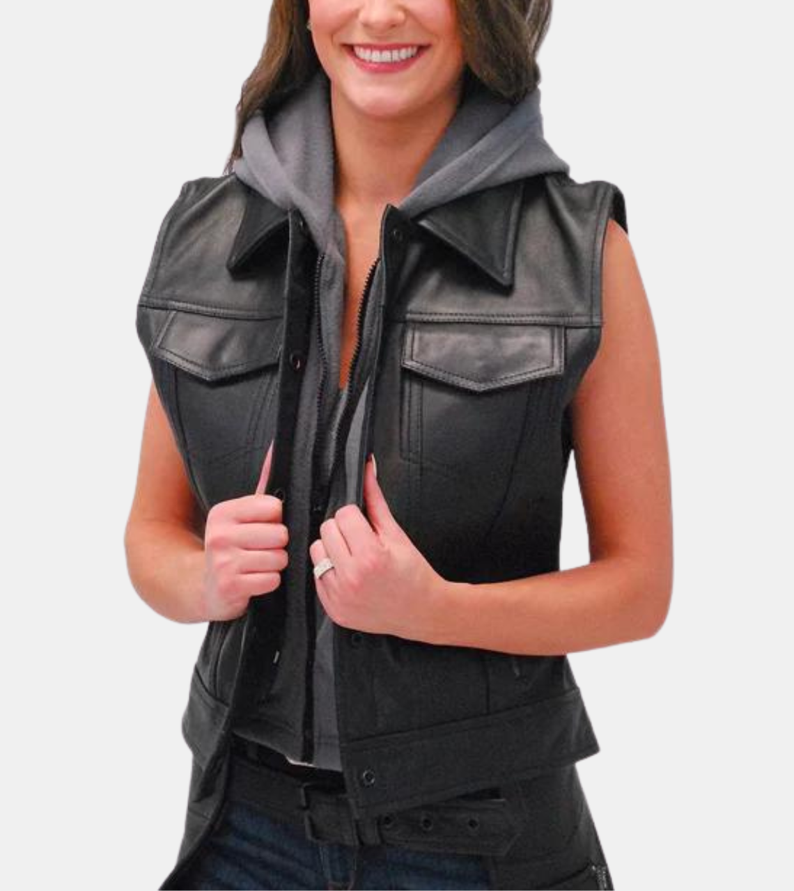  Black Hooded Leather Vest
