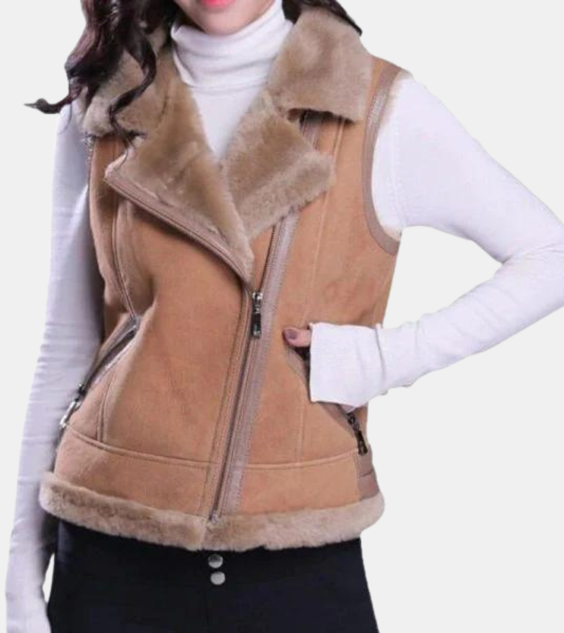 Women's Beige Shearling Suede Leather Vest