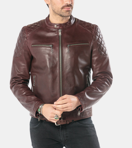  Ephraim Men's Brown Quilted Leather Jacket  Zippered