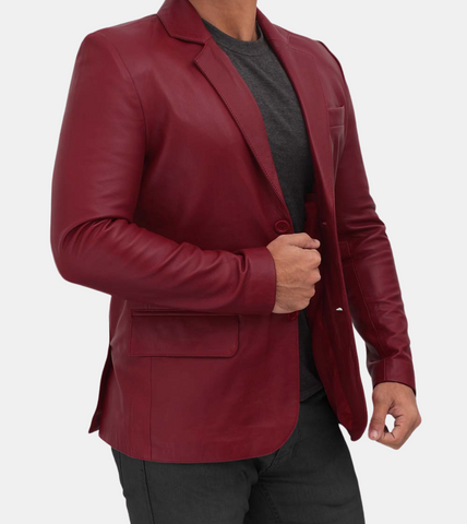 Men's Plum Red Leather Blazer
