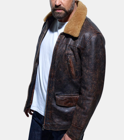 Brown Shearling Distressed Leather Jacket 