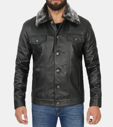 Daryl Men's Shearling Collar Black Leather Jacket
