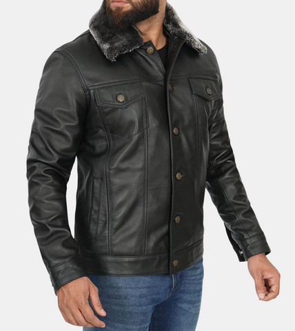 Daryl Men's Shearling Collar Black Leather Jacket