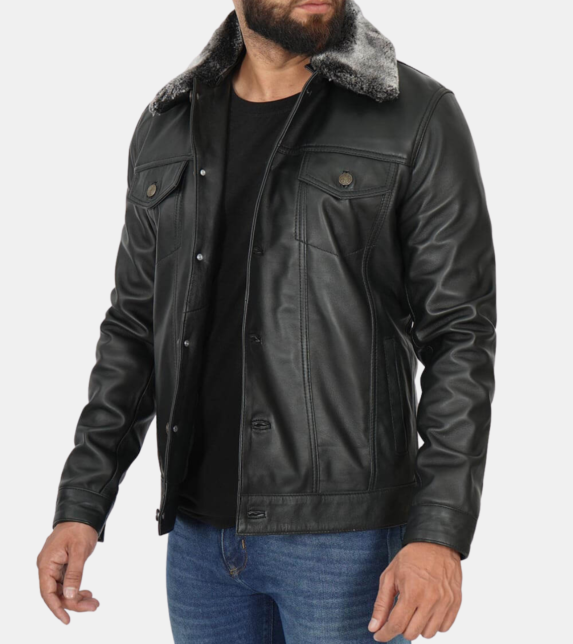 Daryl Men's Shearling Collar Black Leather Jacket
